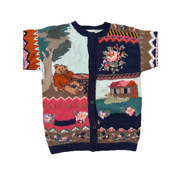 Vintage 90s Together! Knit Cardigan Sweater Teddy Bears Floral Women's S Grandma - Picture 2 of 10